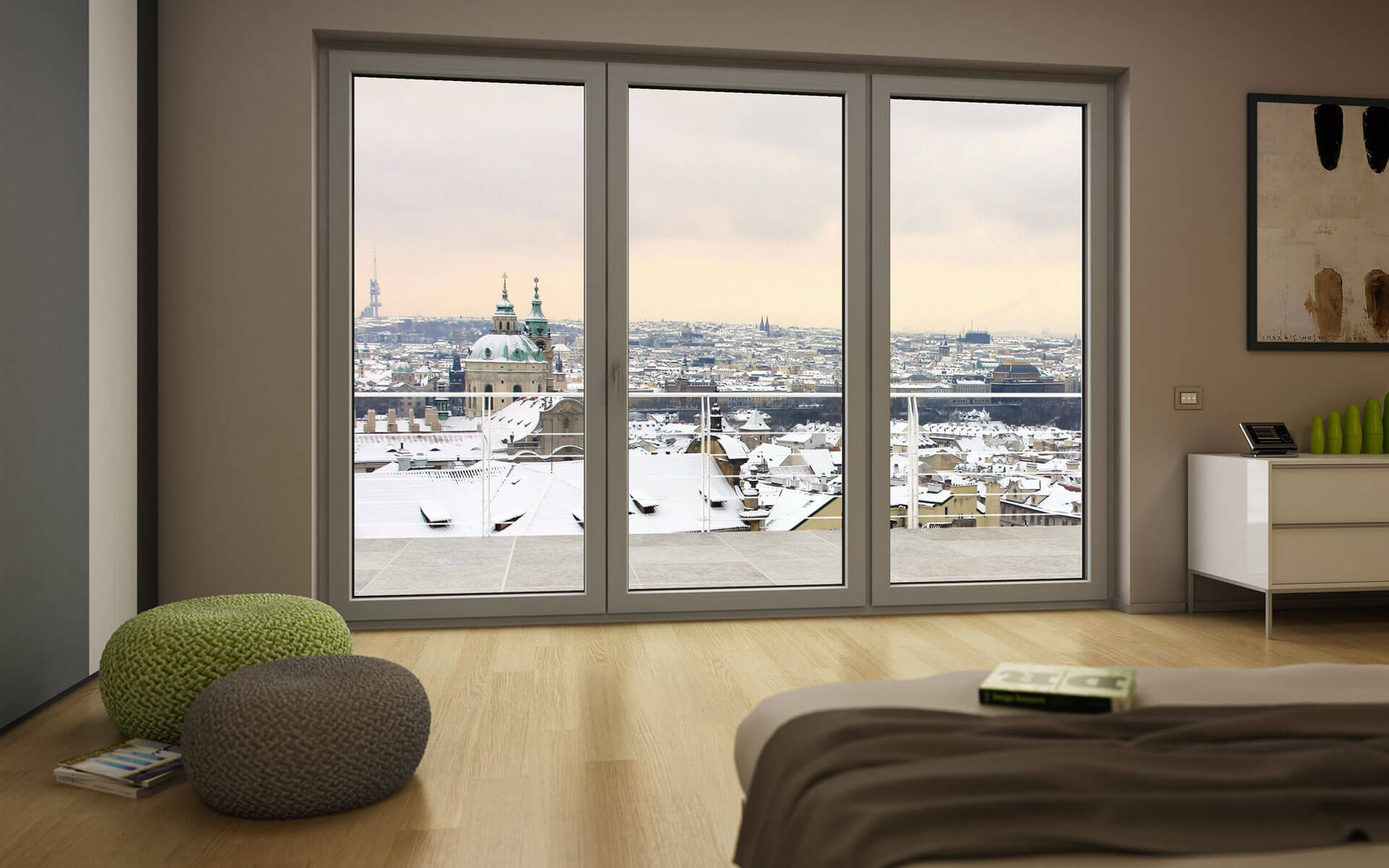 Camera da letto con finestre in pvc ad alto isolamento termico